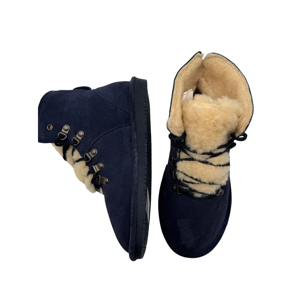 Bearpaw Suede Lace Up Boots Womens 8 Navy Blue New Sheepskin Fur Trim 2198W
